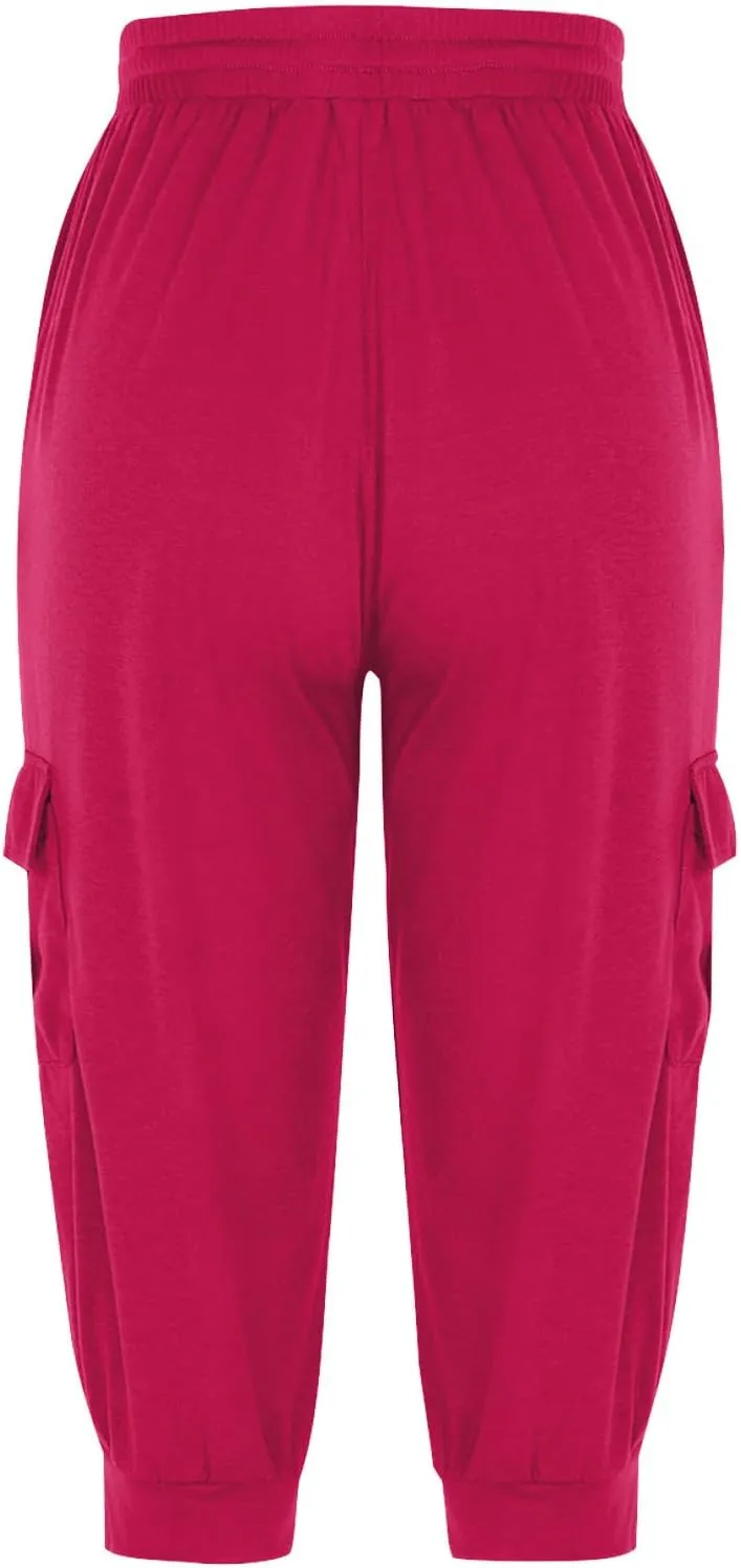 Cargo Capri Pants for Women High Waisted Relaxed Fit Elastic Knit Waist Casual Soft Capris Trousers Cropped Pants