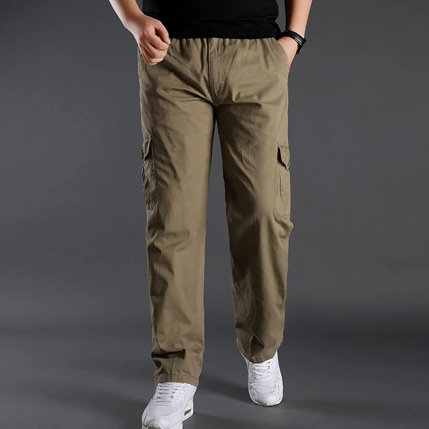 Cargo Pants for Men,Men's Cotton Linen Pants Elastic Lightweight Drawstring Waist Pants Fall Cargo Pants with Pockets