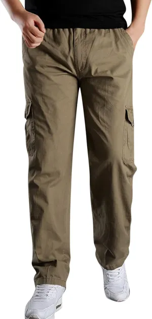 Cargo Pants for Men,Men's Cotton Linen Pants Elastic Lightweight Drawstring Waist Pants Fall Cargo Pants with Pockets