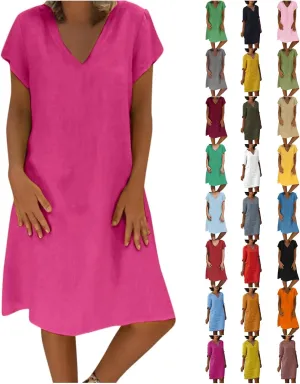 Casual Mini Dresses For Women Summer Cotton Linen V-neck T Shirt Sundresses Loose Fit Solid Beach Vacation Dress