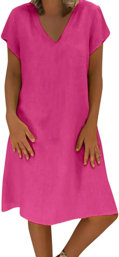Casual Mini Dresses For Women Summer Cotton Linen V-neck T Shirt Sundresses Loose Fit Solid Beach Vacation Dress