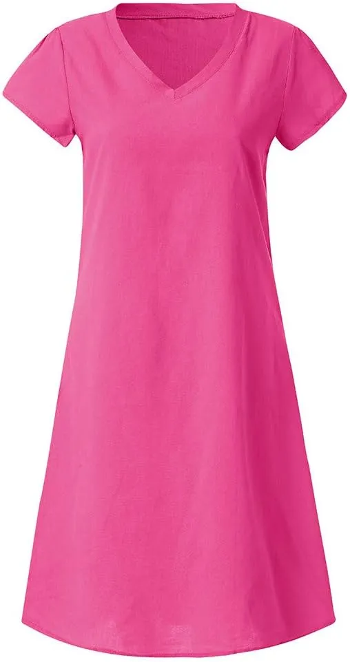 Casual Mini Dresses For Women Summer Cotton Linen V-neck T Shirt Sundresses Loose Fit Solid Beach Vacation Dress