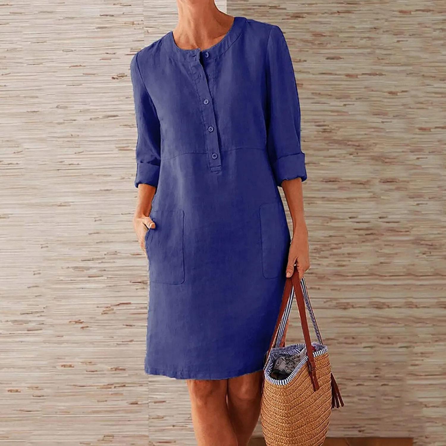 Ceboyel Women 2023 Button Linen Dresses Cotton Summer Midi Dresses Short Sleeve Casual Shirt Dress Ladies Teacher Clothing