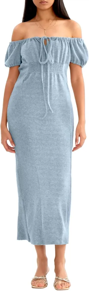 CHERFLY Women's Long Dress 2025 Summer Short Sleeve Smocked Midi Dress Loose Casual Off The Shoulder Maxi Dress