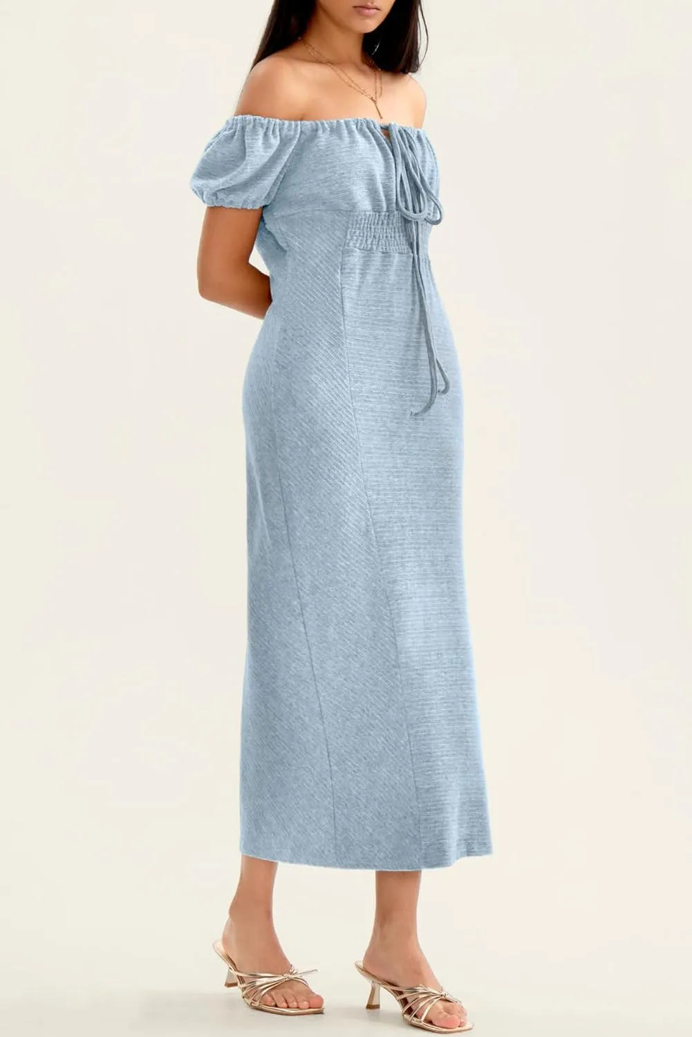CHERFLY Women's Long Dress 2025 Summer Short Sleeve Smocked Midi Dress Loose Casual Off The Shoulder Maxi Dress