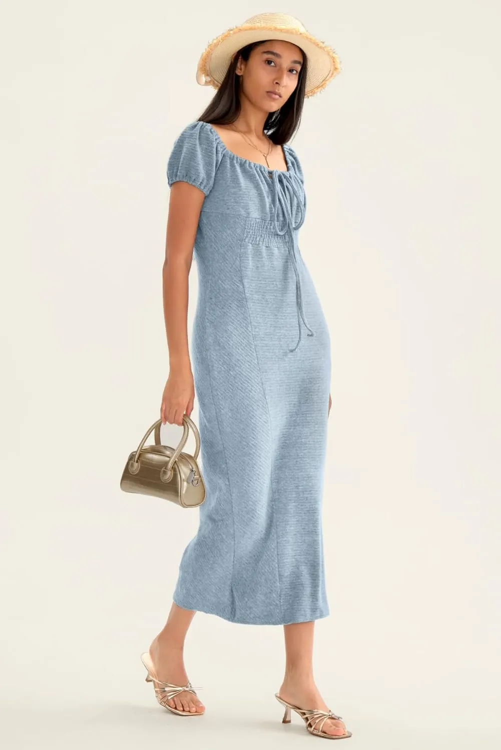 CHERFLY Women's Long Dress 2025 Summer Short Sleeve Smocked Midi Dress Loose Casual Off The Shoulder Maxi Dress
