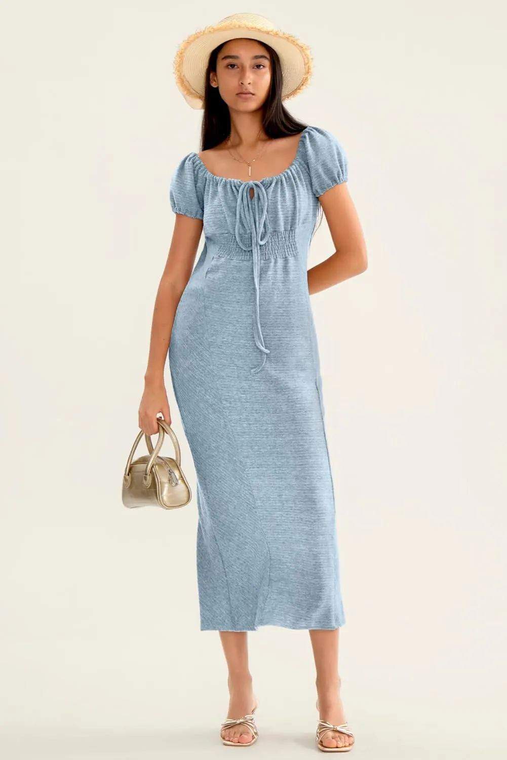 CHERFLY Women's Long Dress 2025 Summer Short Sleeve Smocked Midi Dress Loose Casual Off The Shoulder Maxi Dress
