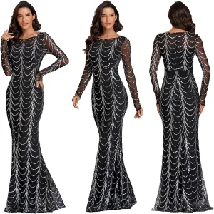 Chiffon Evening Dress Women's Hem Long Sleeve Ball Gown Long Dress Cocktail Party Maxi Dress Sequins Formal Occasion