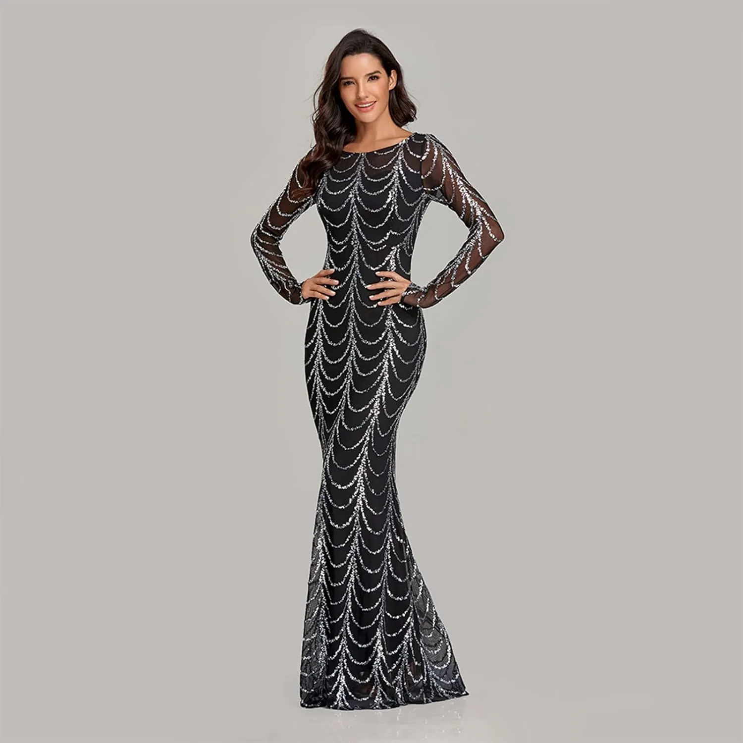 Chiffon Evening Dress Women's Hem Long Sleeve Ball Gown Long Dress Cocktail Party Maxi Dress Sequins Formal Occasion