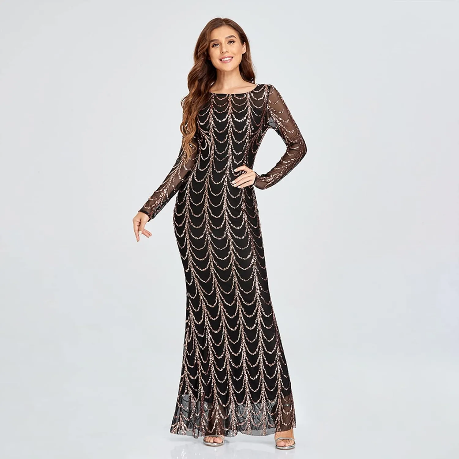 Chiffon Evening Dress Women's Hem Long Sleeve Ball Gown Long Dress Cocktail Party Maxi Dress Sequins Formal Occasion