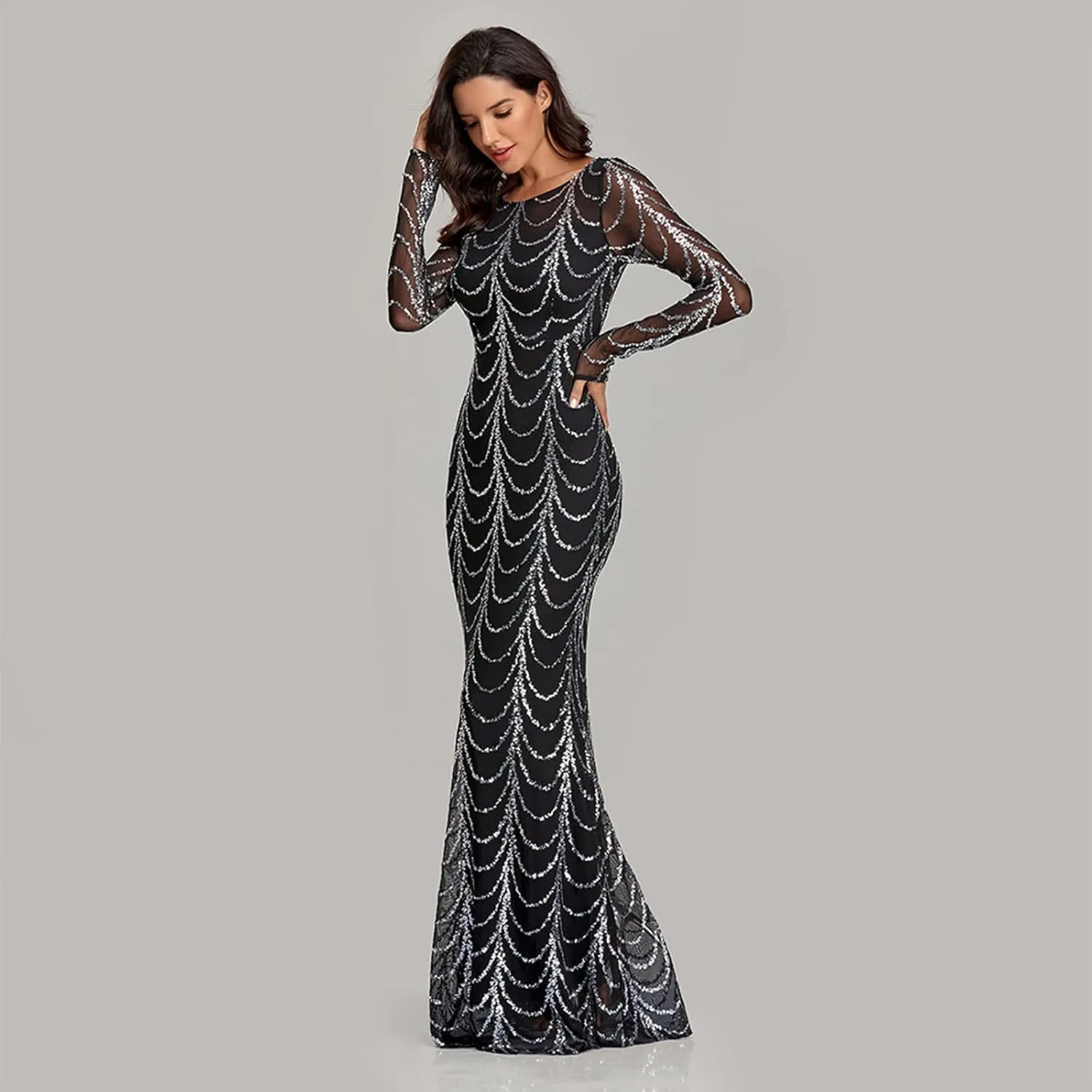 Chiffon Evening Dress Women's Hem Long Sleeve Ball Gown Long Dress Cocktail Party Maxi Dress Sequins Formal Occasion