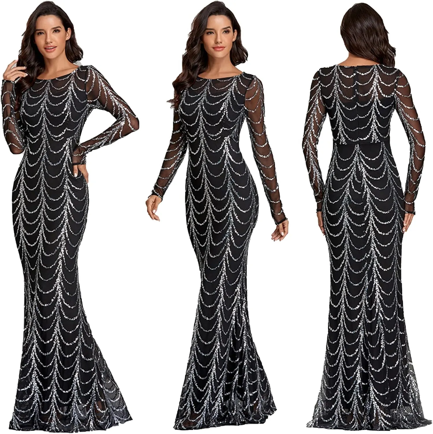 Chiffon Evening Dress Women's Hem Long Sleeve Ball Gown Long Dress Cocktail Party Maxi Dress Sequins Formal Occasion