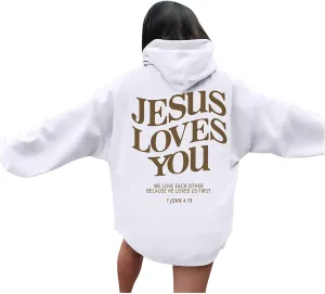 Christian Hoodies for Women Bible Verse Jesus Loves You Graphic Oversized Y2K Hooded Pockets Drawstring Sweatshirts
