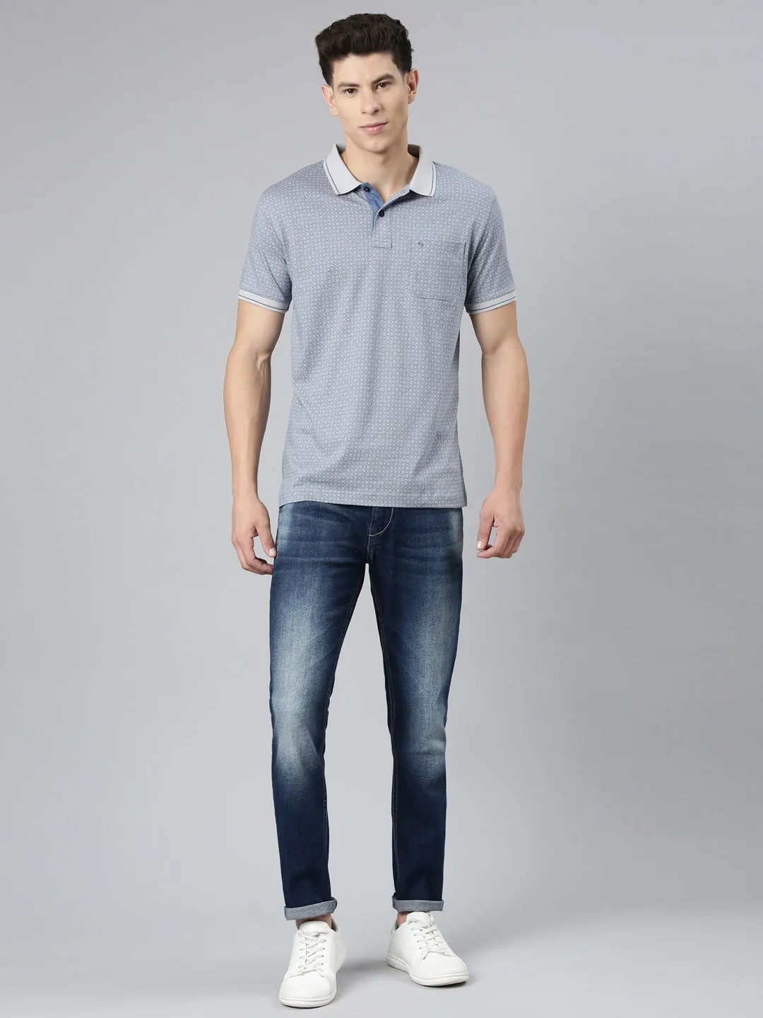 Classic Polo Mens Aop Blue/Grey Polo Neck Slim Fit T-Shirt | BELLO - 264 A SF P