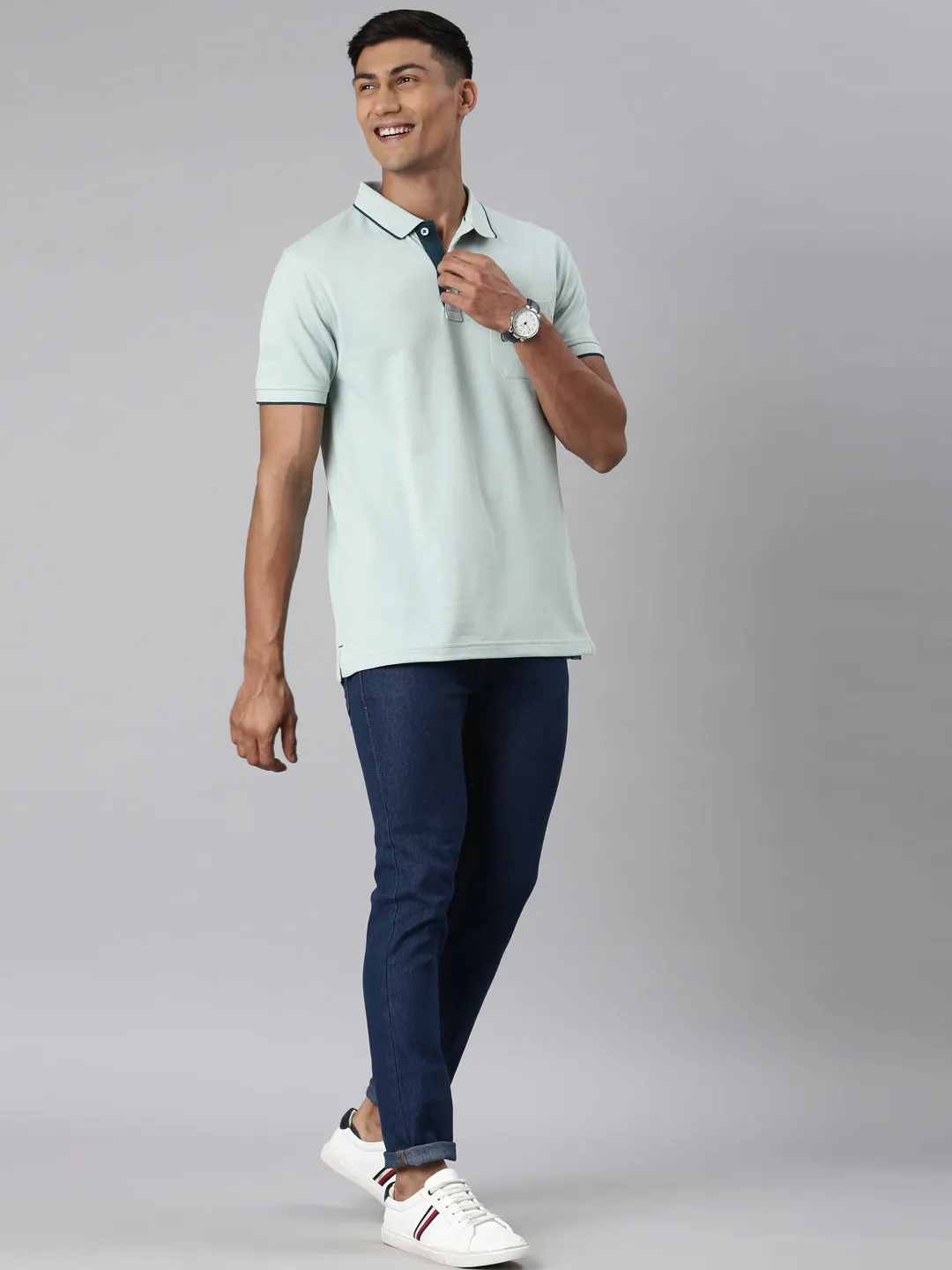 Classic Polo Men's Casual Solid Lt.Green Half Sleeve Slim Fit T-Shirt | TOY-NOVA-BLUE HAZE SF P