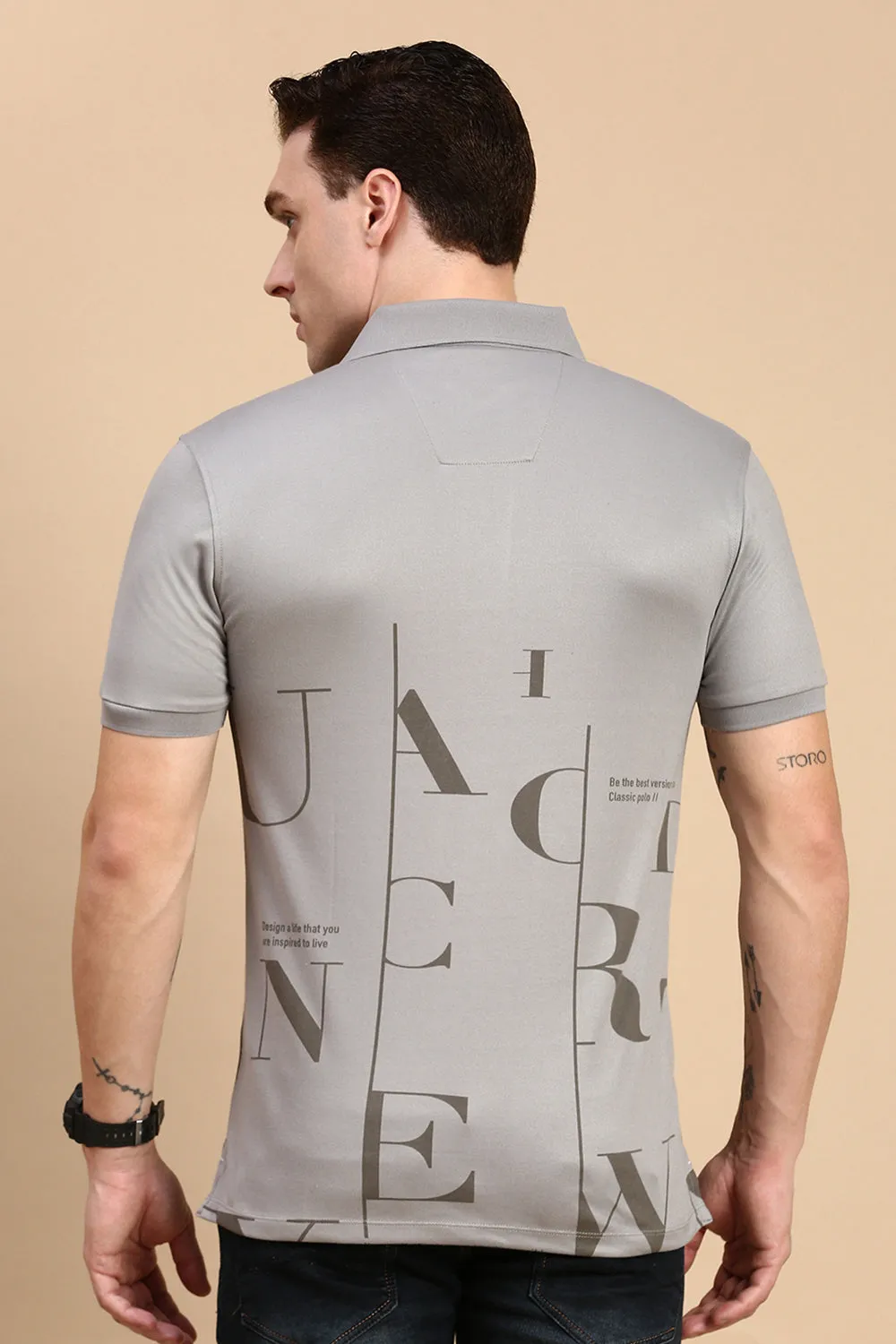 Classic Polo Men's Half Sleeve Dark Grey Polo Neck Slim Fit Printed T-Shirt | VIVID POLO - 34 A SF P