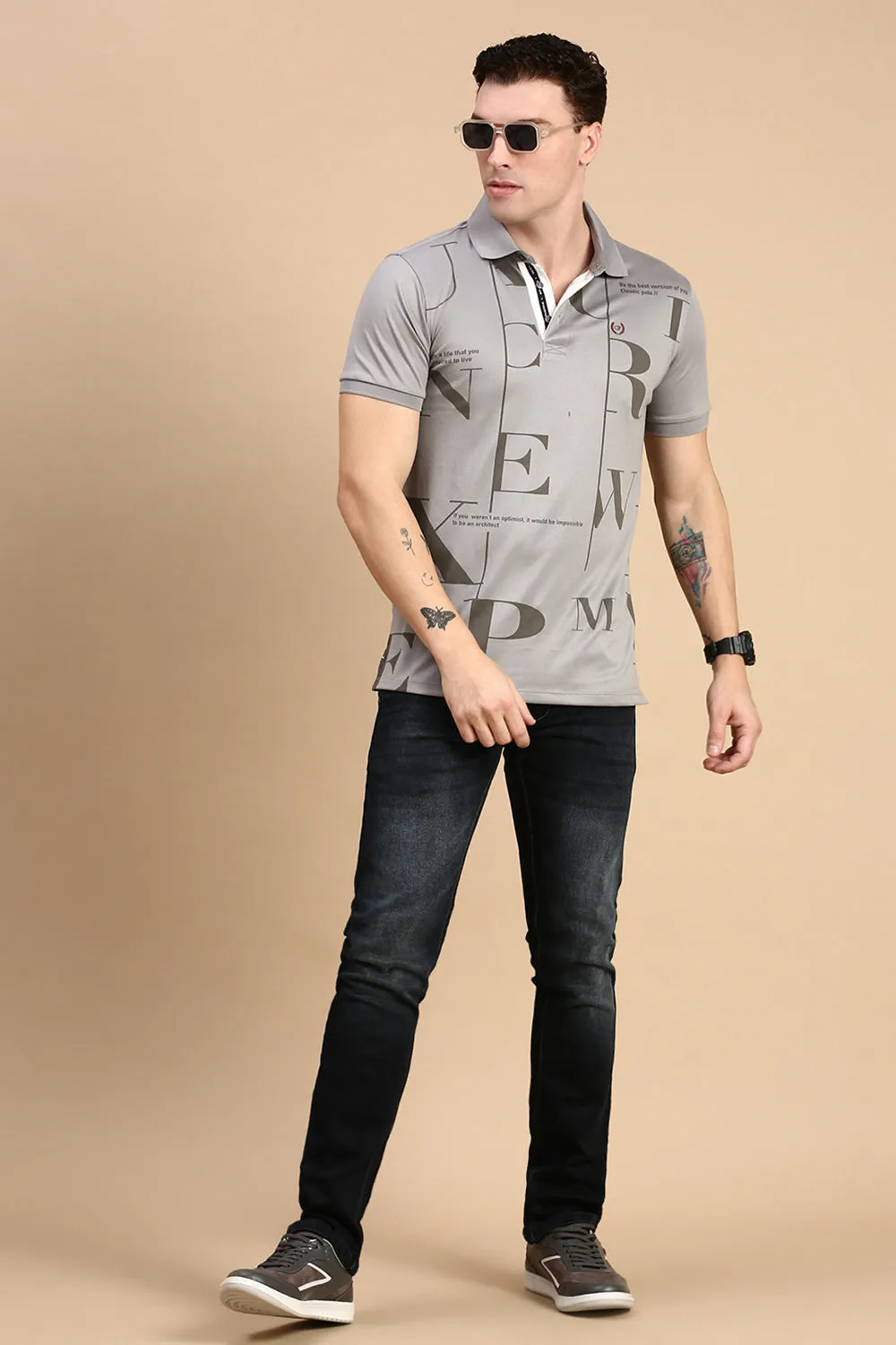 Classic Polo Men's Half Sleeve Dark Grey Polo Neck Slim Fit Printed T-Shirt | VIVID POLO - 34 A SF P