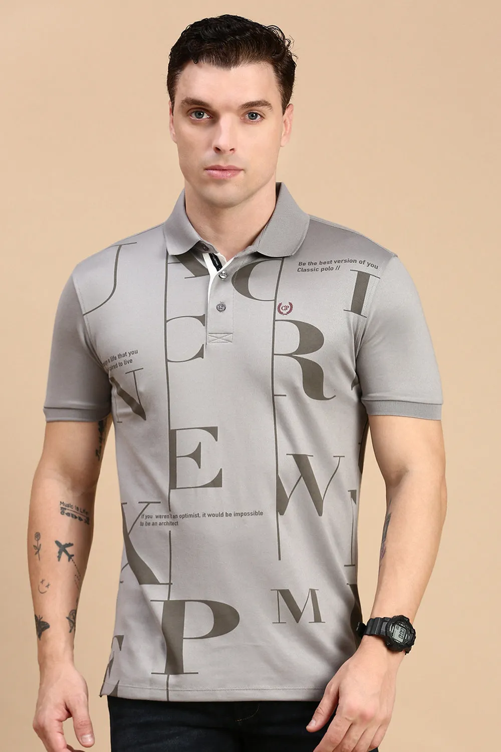 Classic Polo Men's Half Sleeve Dark Grey Polo Neck Slim Fit Printed T-Shirt | VIVID POLO - 34 A SF P