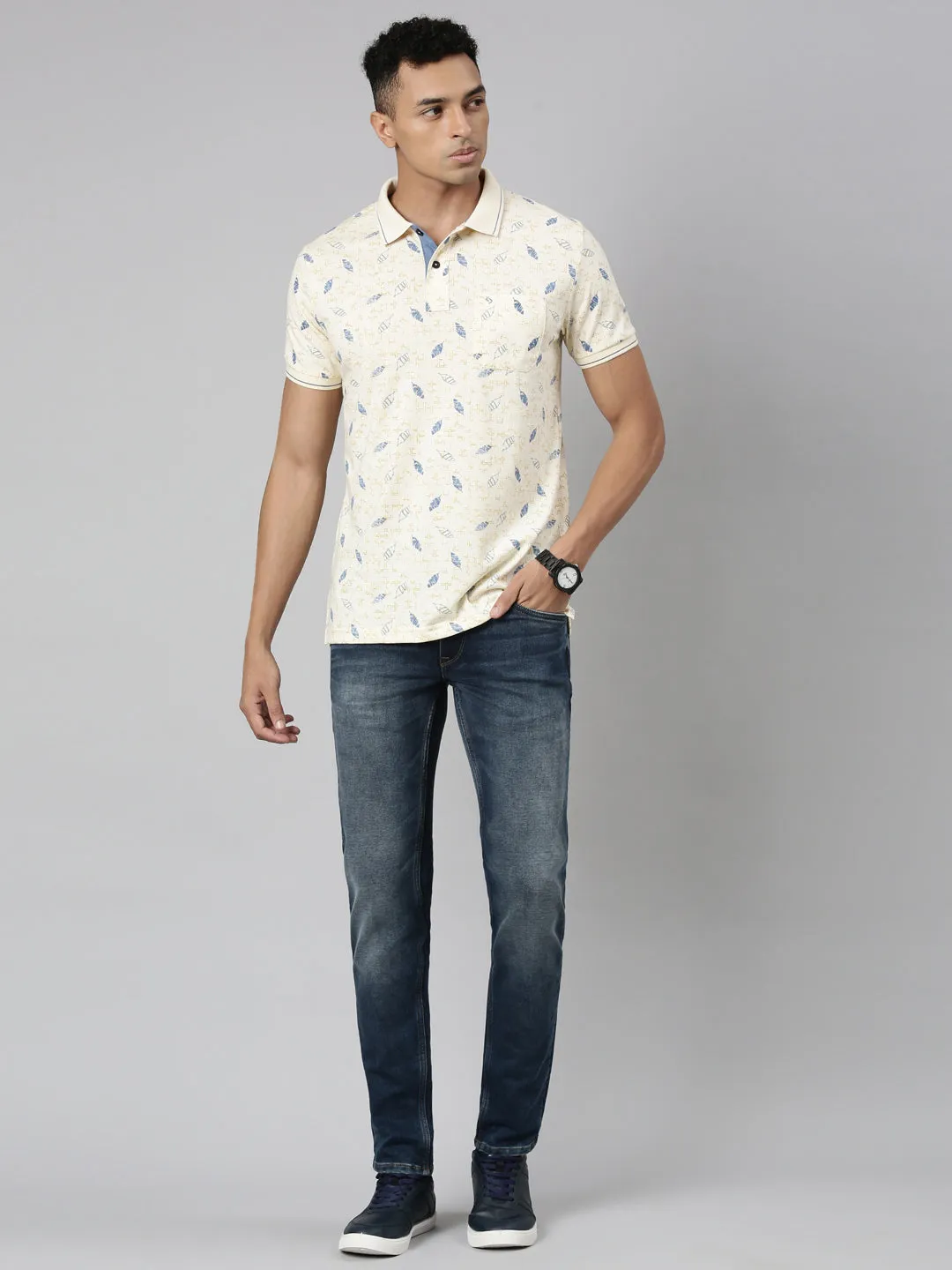Classic Polo Men's Polo Neck Cotton Beige Slim Fit Printed T-Shirt | BELLO-256 B SF P