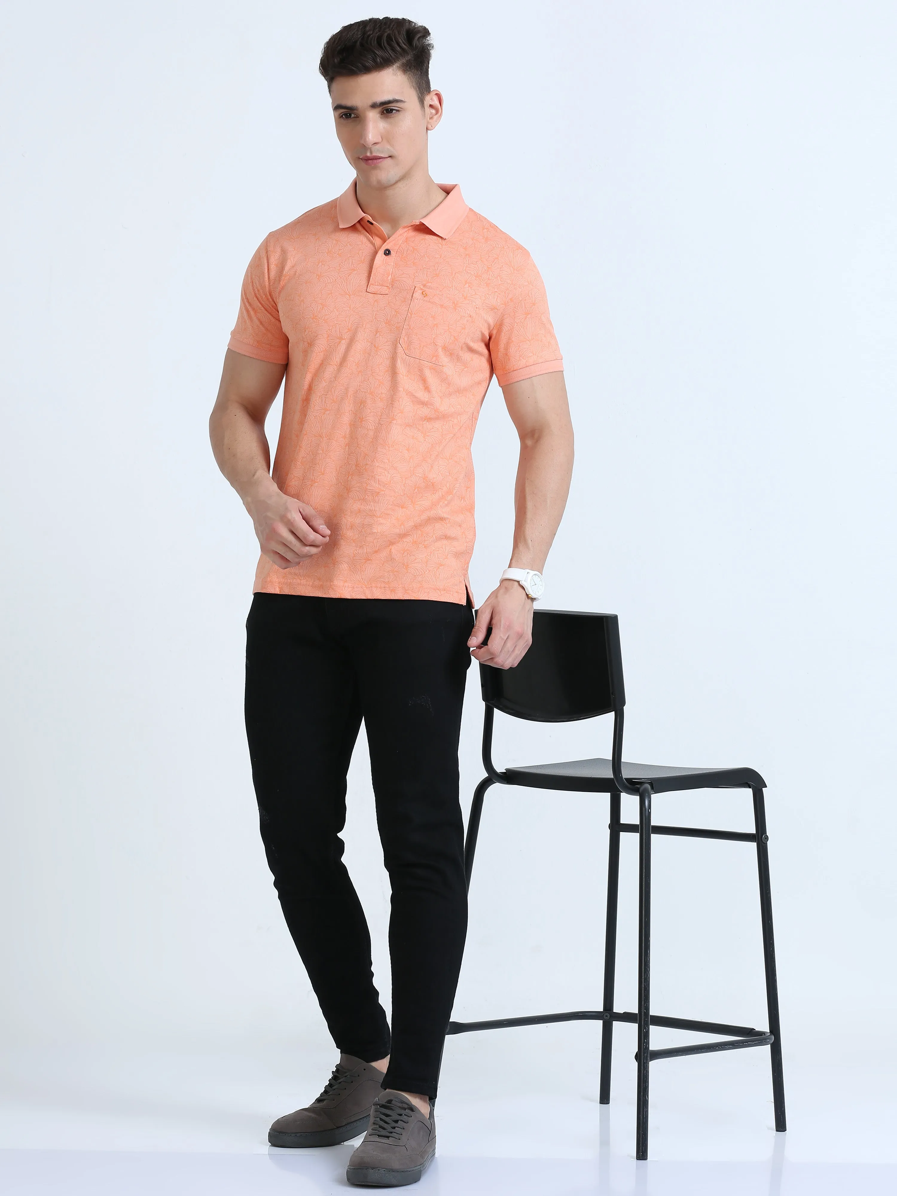 Classic Polo Men's Polo Neck Cotton Orange Slim Fit Printed T-Shirt | BELLO-272 A SF P