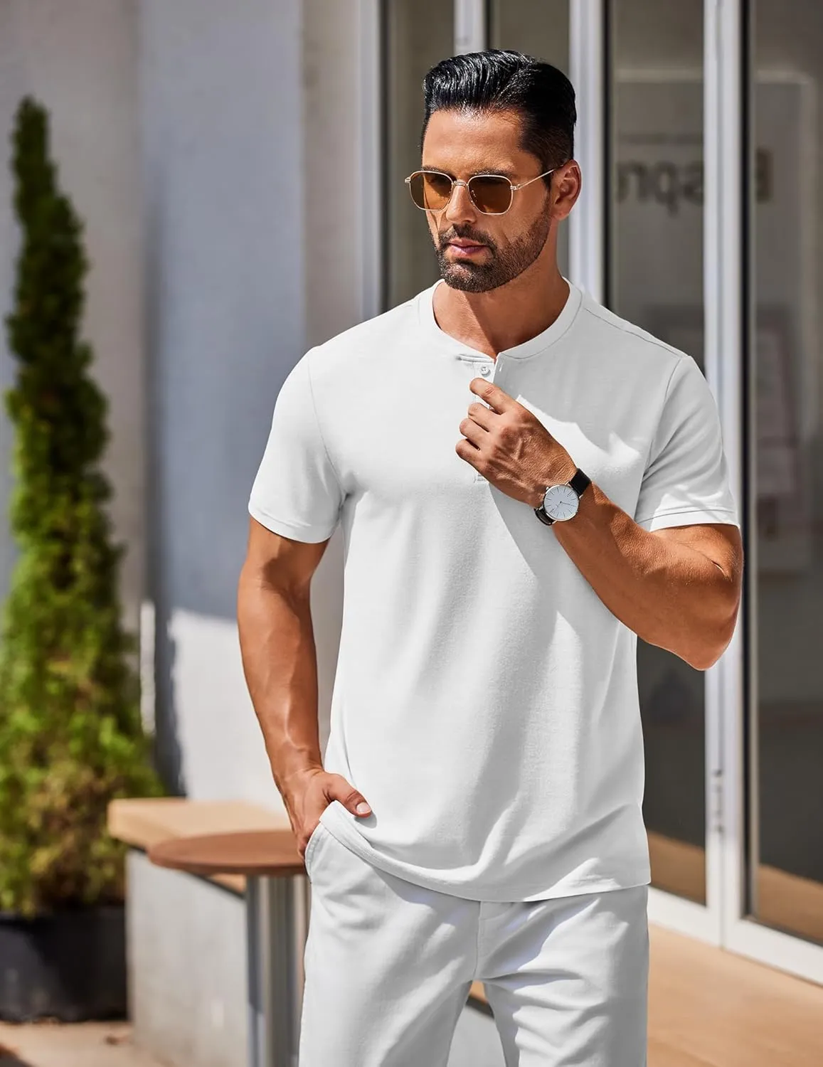COOFANDY Men's Henley Shirts Cotton Short Sleeve Casual T-Shirt Button Henley Basic Tee Lightweight Summer Top