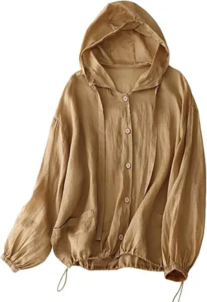 Cotton Linen Hoodie Tops Womens 2025 Summer Hooded Long Sleeve Shirts Ladies Dressy Casual Button Down Blouses Tees