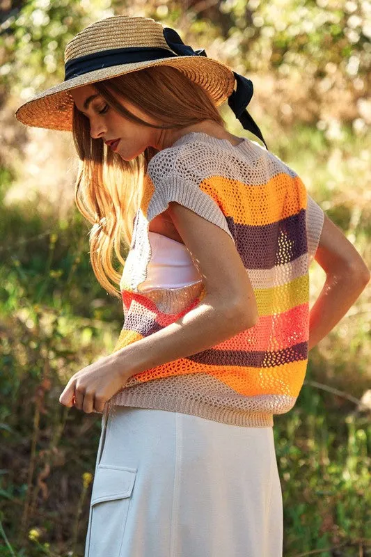 Crochet Multi Striped Pullover Knit Sweater Vest *Online Only*