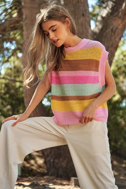 Crochet Multi Striped Pullover Knit Sweater Vest *Online Only*