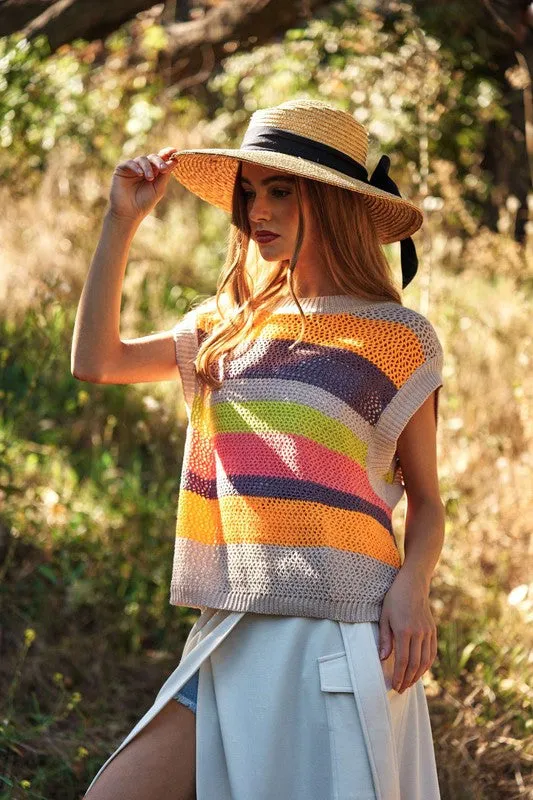 Crochet Multi Striped Pullover Knit Sweater Vest *Online Only*
