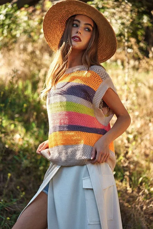 Crochet Multi Striped Pullover Knit Sweater Vest *Online Only*