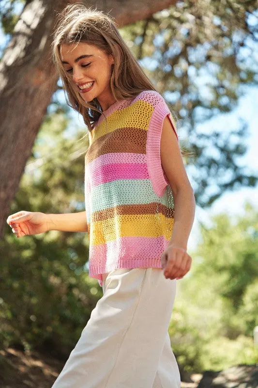 Crochet Multi Striped Pullover Knit Sweater Vest *Online Only*