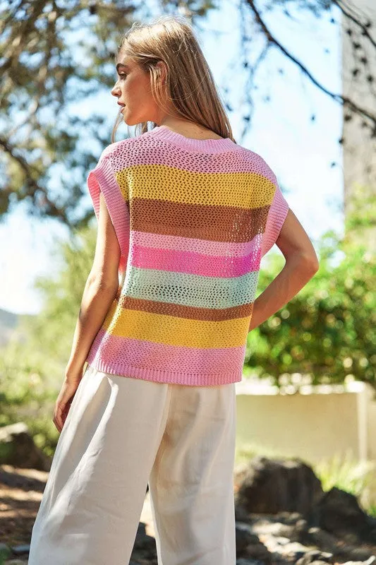 Crochet Multi Striped Pullover Knit Sweater Vest *Online Only*
