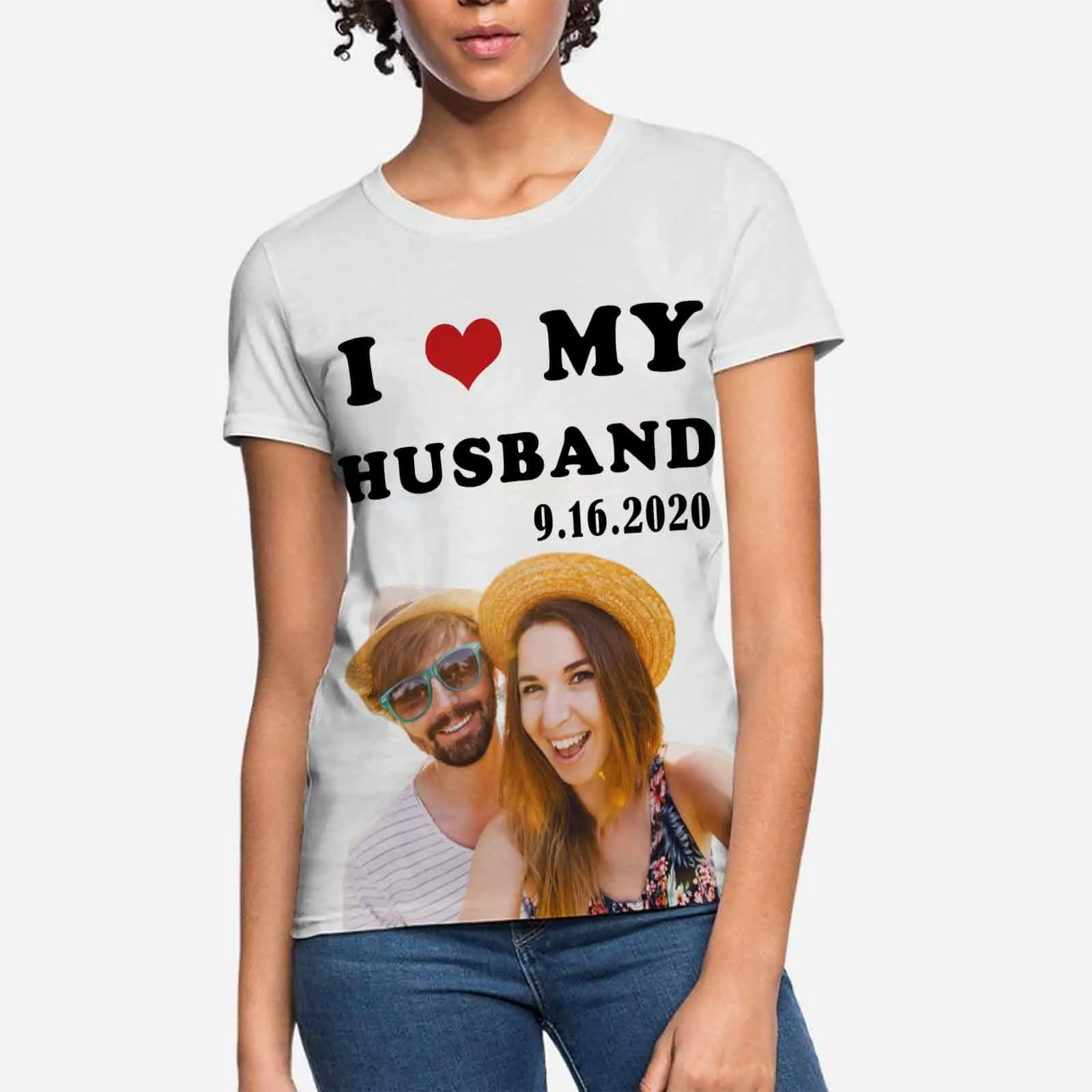 Custom Photo&Date I Love My Husband Tee Women's All Over Print T-shirt Print Shirt with Pictures For Wife