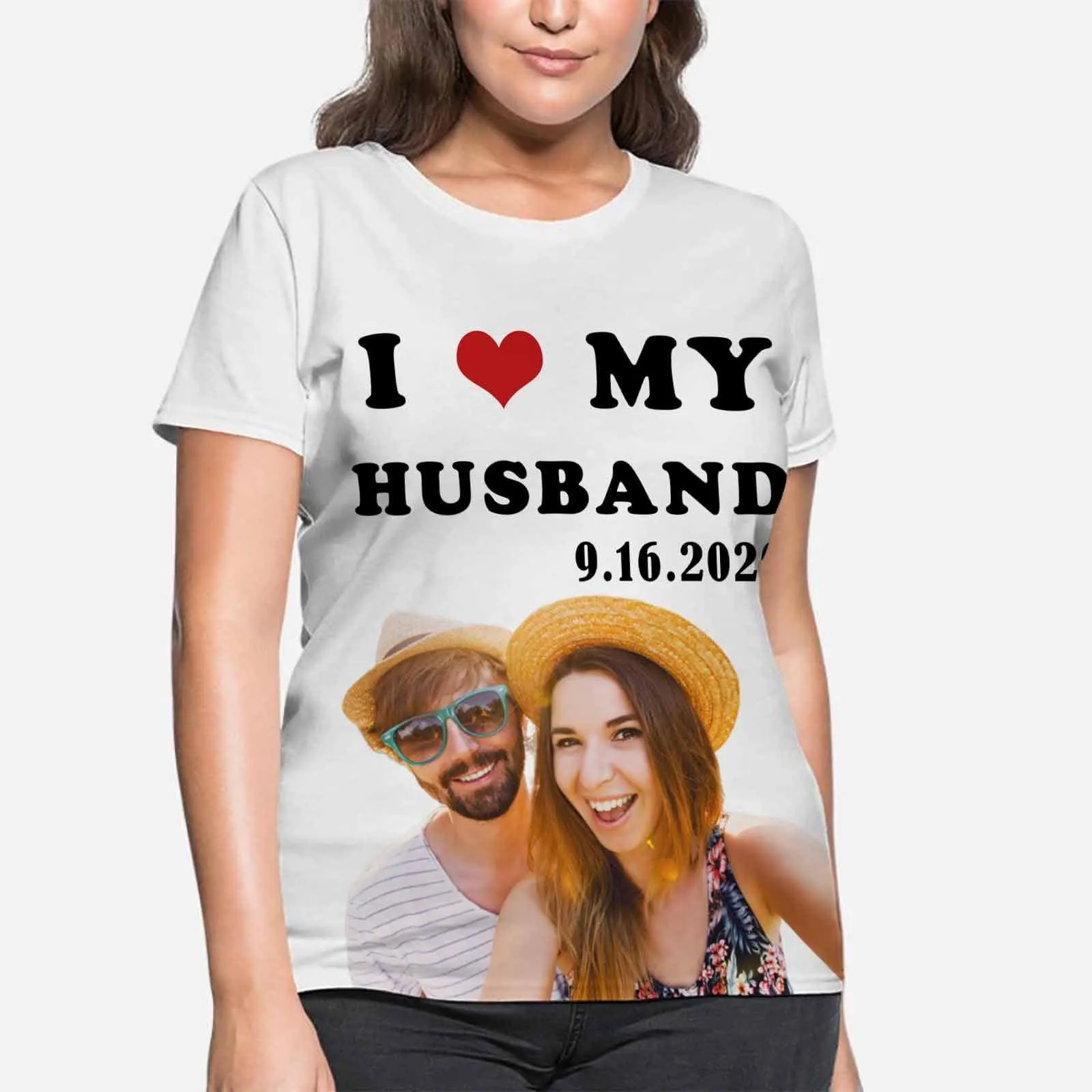Custom Photo&Date I Love My Husband Tee Women's All Over Print T-shirt Print Shirt with Pictures For Wife