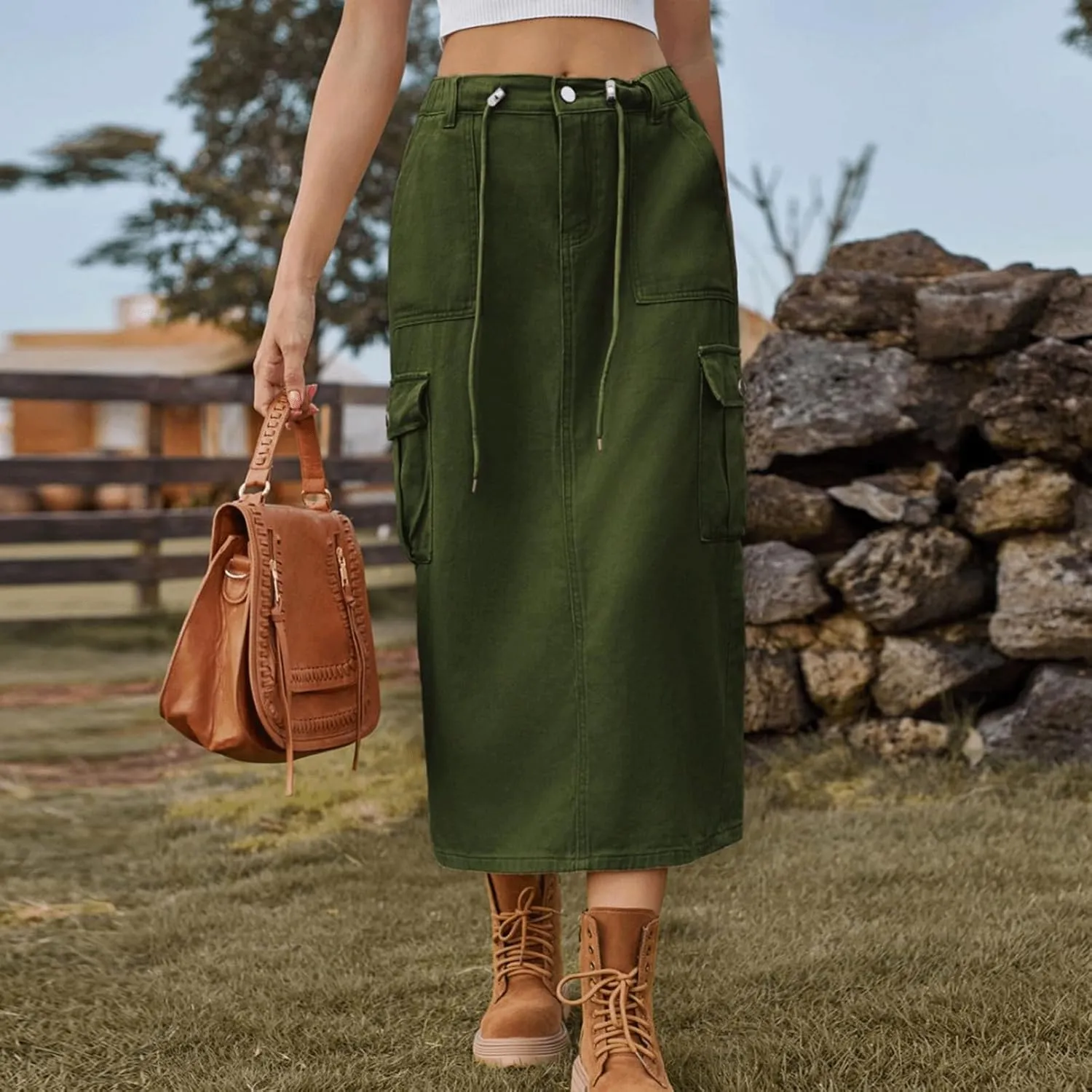 Denim Skirt for Women Cargo Drawstring Elastic Midi High Waisted Jean Skirt Vintage Y2K Retro Cute Summer Outfit