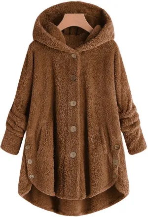 DOLKFU Women's Sherpa Hoodies Coats Button Outwear Jackets Fuzzy Fleece Trench Long Jacket 2022 Fall Winter Cute Hooded
