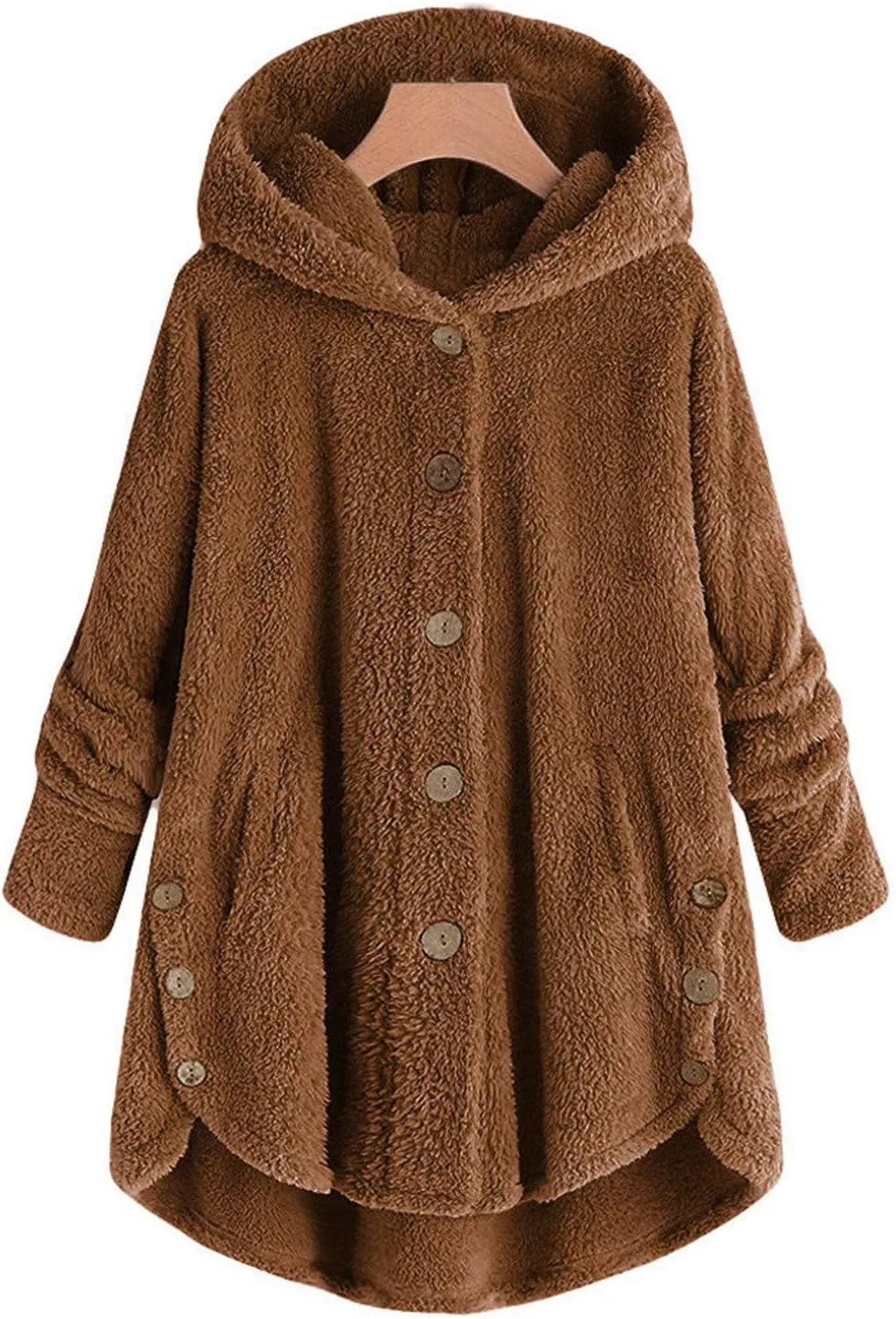DOLKFU Women's Sherpa Hoodies Coats Button Outwear Jackets Fuzzy Fleece Trench Long Jacket 2022 Fall Winter Cute Hooded