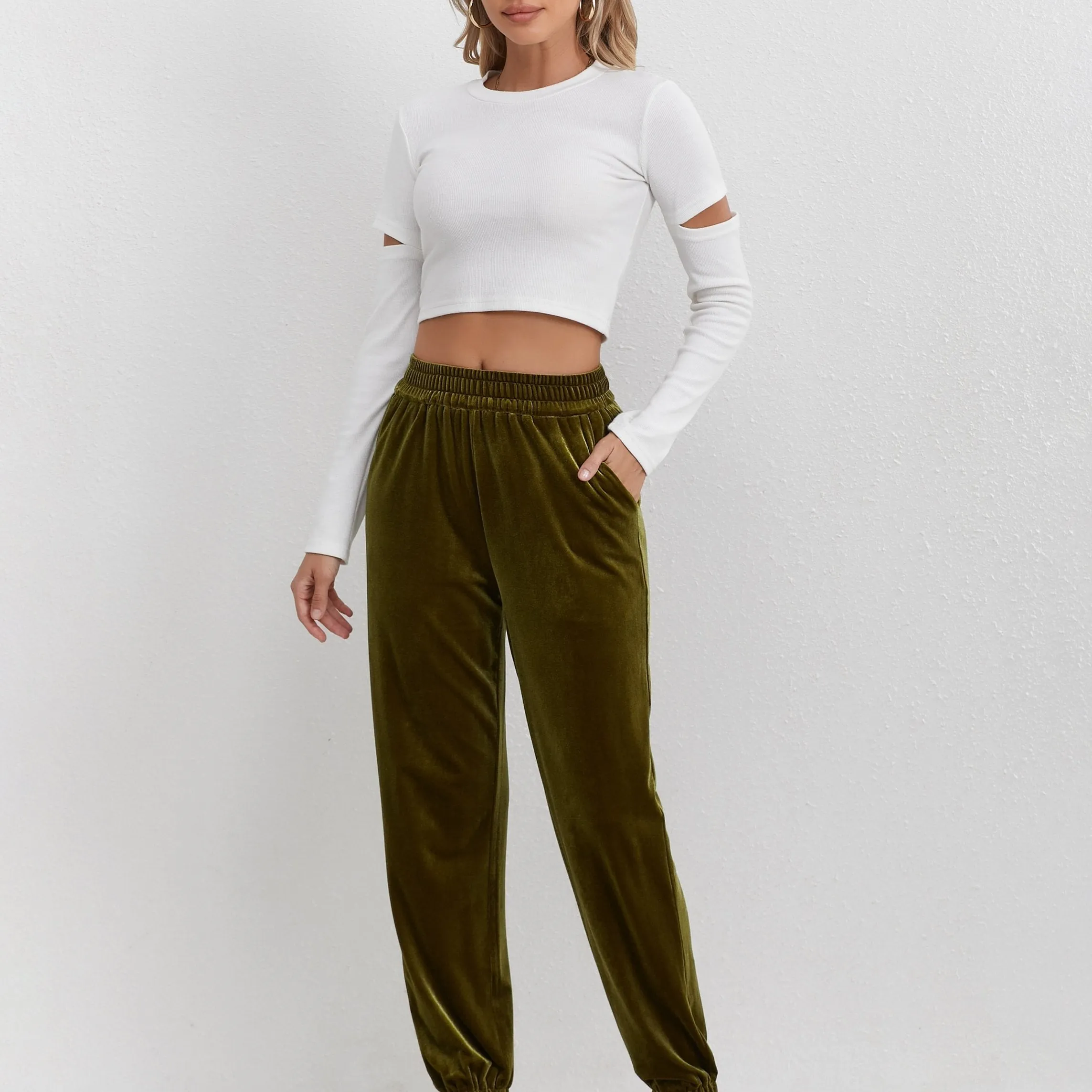 Elegant Polyester Blend Velvet Jogger Pants with Elastic Waist and Side Slits for Spring/Fall, Solid Color Long Knit Fabric Casual Trousers for Adults
