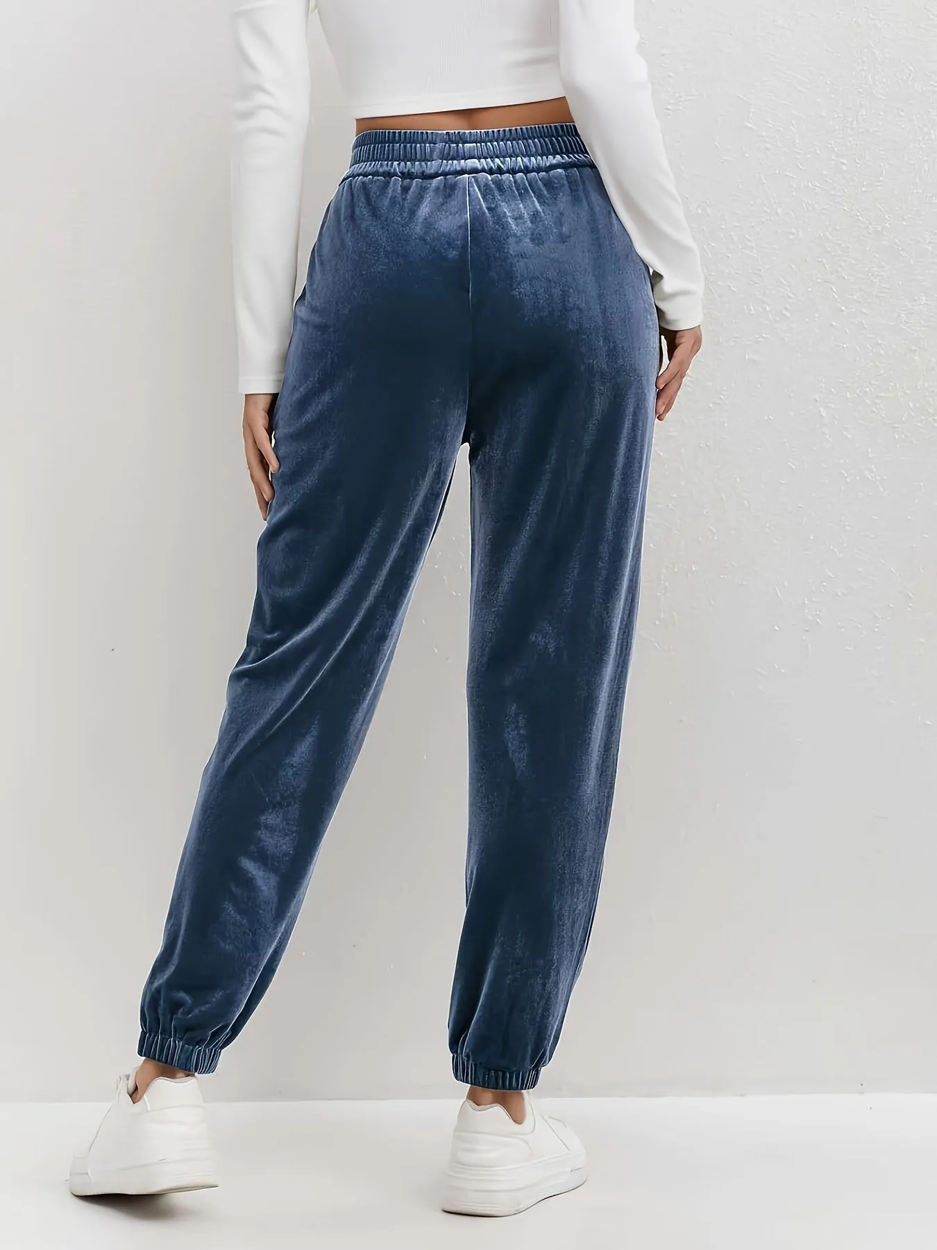 Elegant Polyester Blend Velvet Jogger Pants with Elastic Waist and Side Slits for Spring/Fall, Solid Color Long Knit Fabric Casual Trousers for Adults