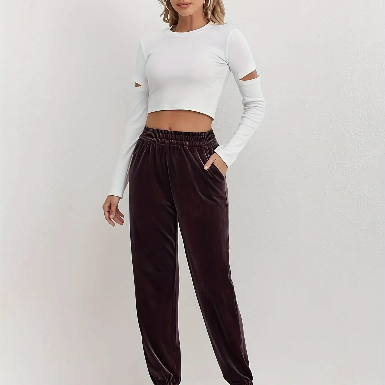Elegant Polyester Blend Velvet Jogger Pants with Elastic Waist and Side Slits for Spring/Fall, Solid Color Long Knit Fabric Casual Trousers for Adults