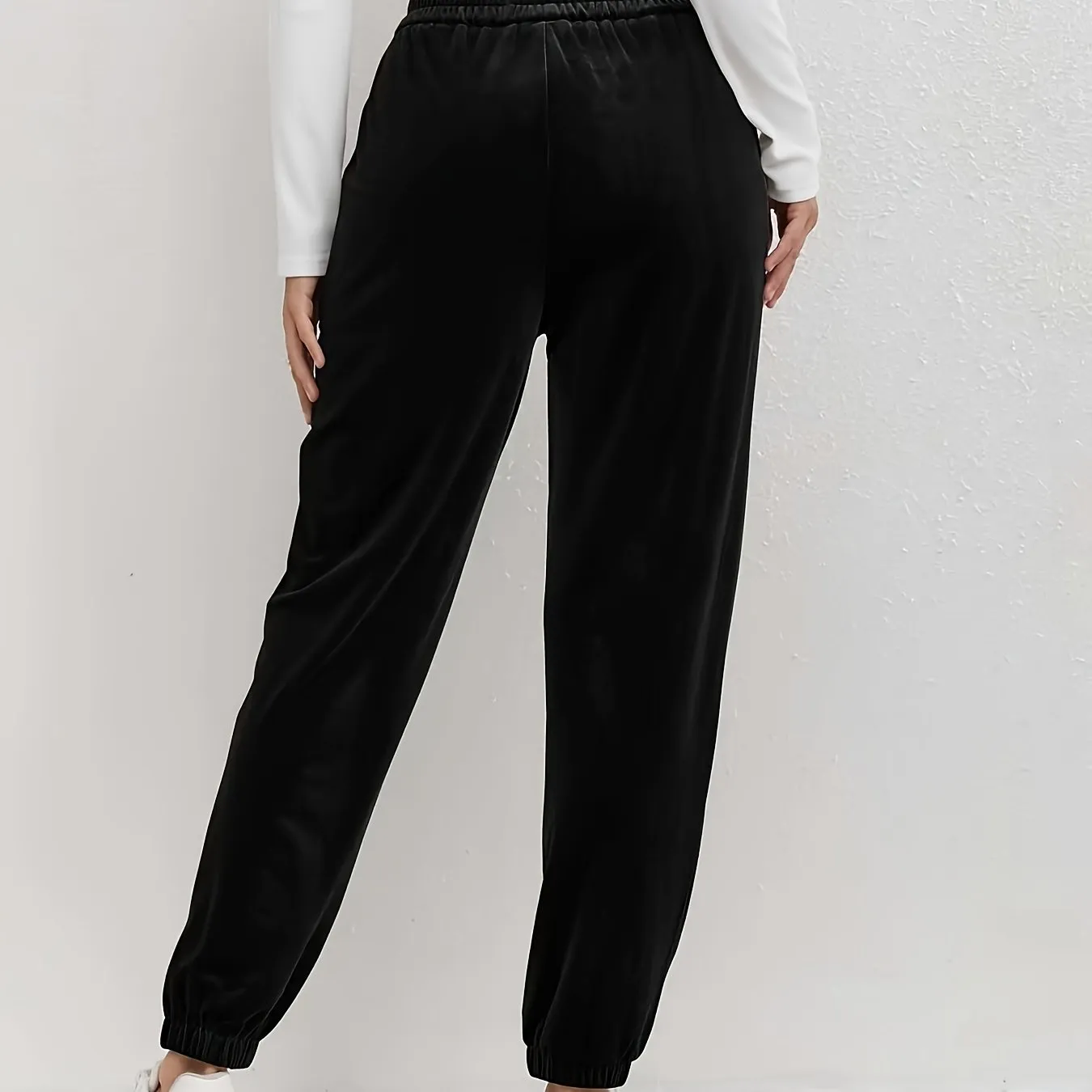 Elegant Polyester Blend Velvet Jogger Pants with Elastic Waist and Side Slits for Spring/Fall, Solid Color Long Knit Fabric Casual Trousers for Adults