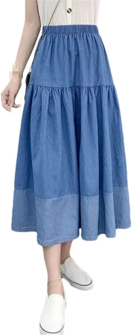 ERFMFKL Denim Tiered Midi Skirt Casual High Waisted Washed Loose Patchwork Long Cake Jeans Skirts
