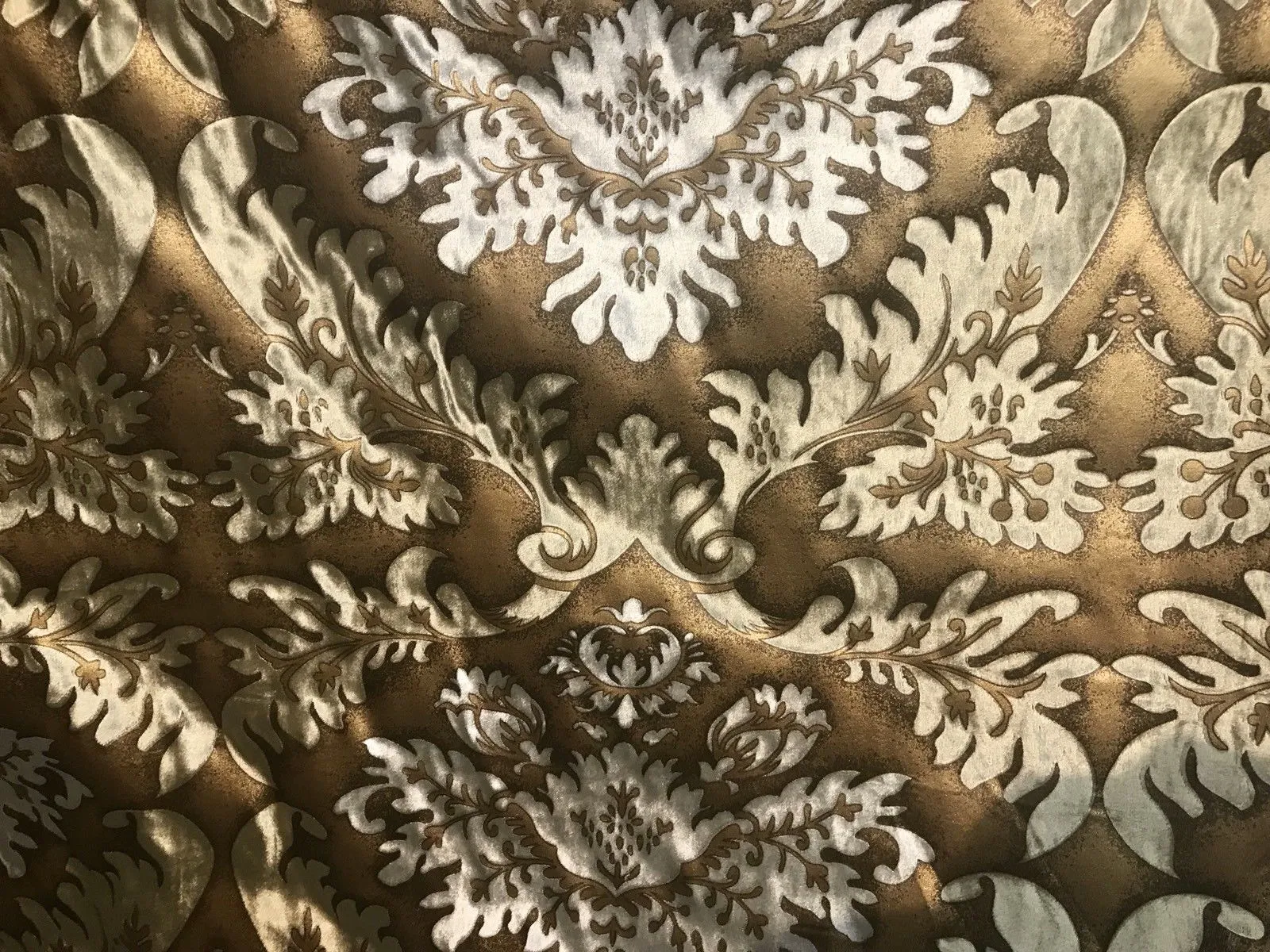 Fat Quarter- Queen Kathryn Designer Burnout Medallion Cut Velvet Fabric Metallic Gold & Beige Drapery
