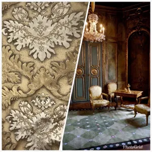 Fat Quarter- Queen Kathryn Designer Burnout Medallion Cut Velvet Fabric Metallic Gold & Beige Drapery