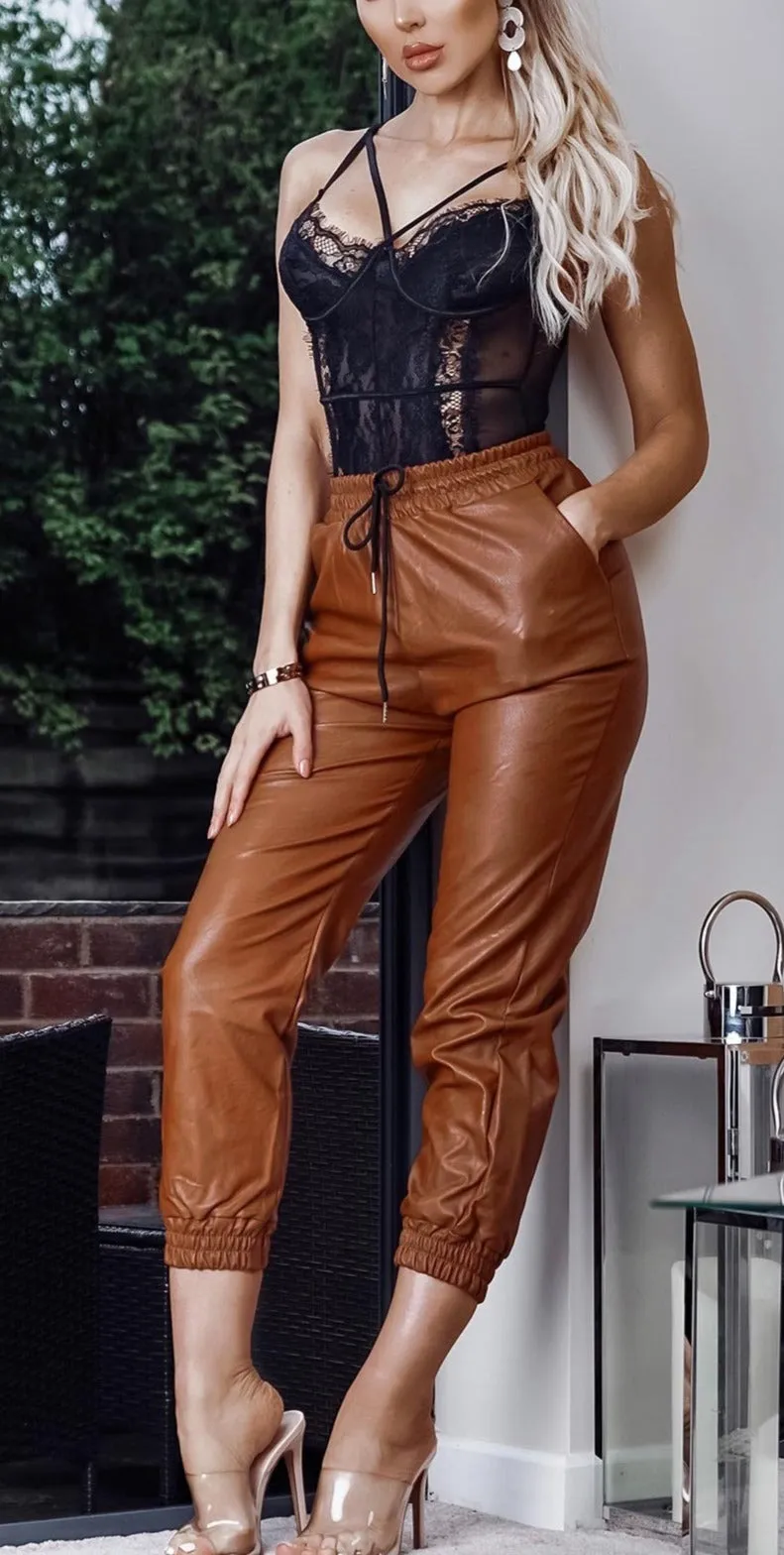 Faux Leather Drawstring Jogger Pants