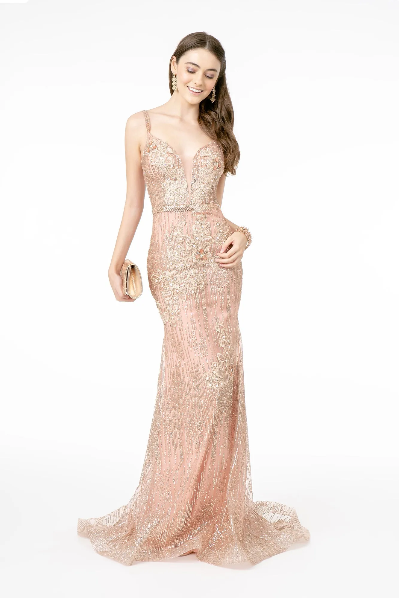 Floral Embroidery Glitter Mesh Mermaid Long Formal Dress With Jeweled Waist Band
