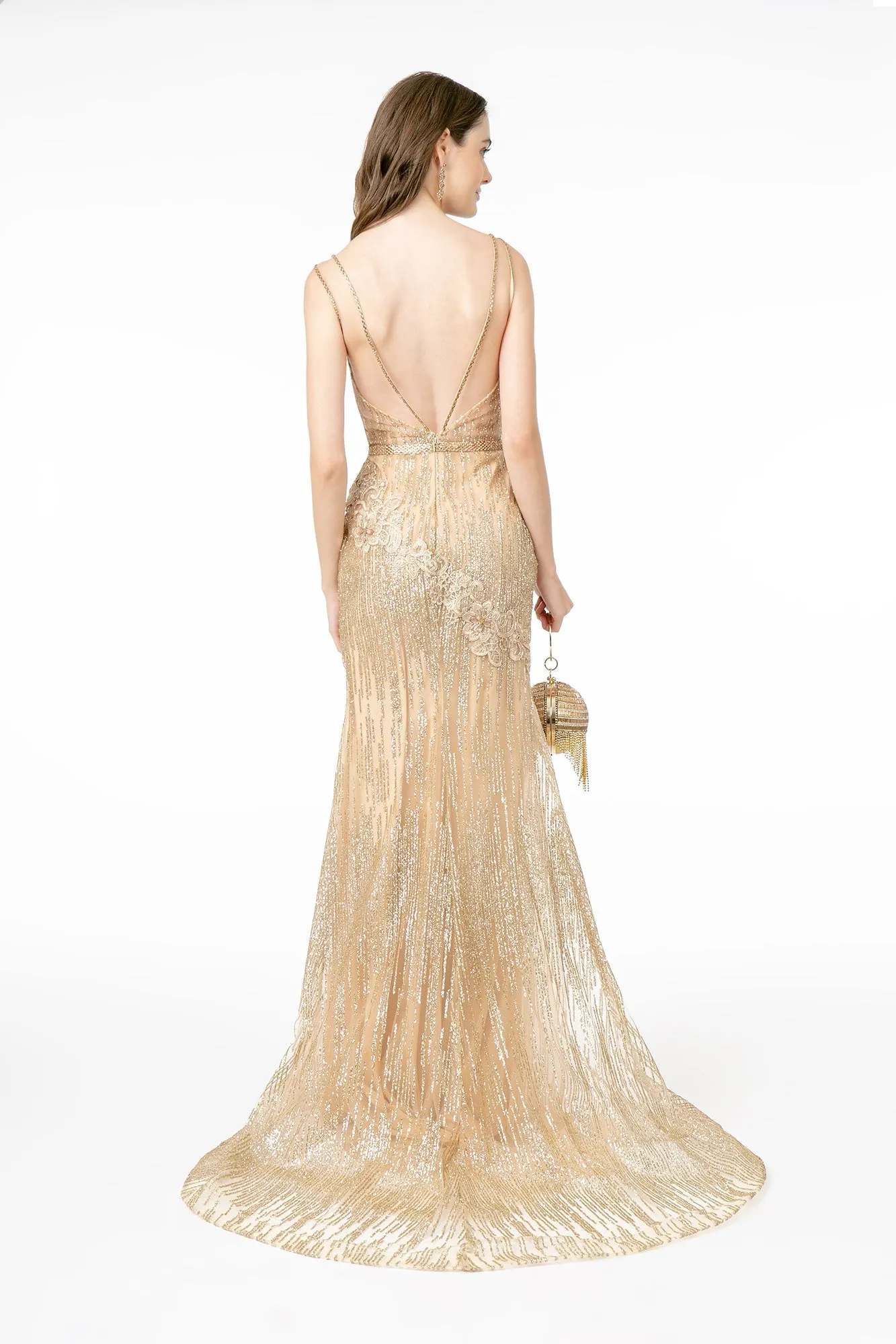 Floral Embroidery Glitter Mesh Mermaid Long Formal Dress With Jeweled Waist Band
