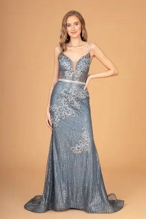Floral Embroidery Glitter Mesh Mermaid Long Formal Dress With Jeweled Waist Band