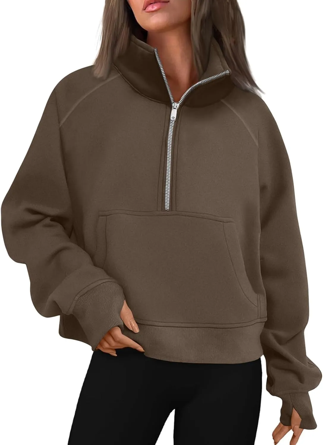 Half Zip Pullover Women Fall Fleece Oversized Sweatshirt Trendy 1/4 Zip Hoodie Y2k Cropped Sweater with Thumb Hole