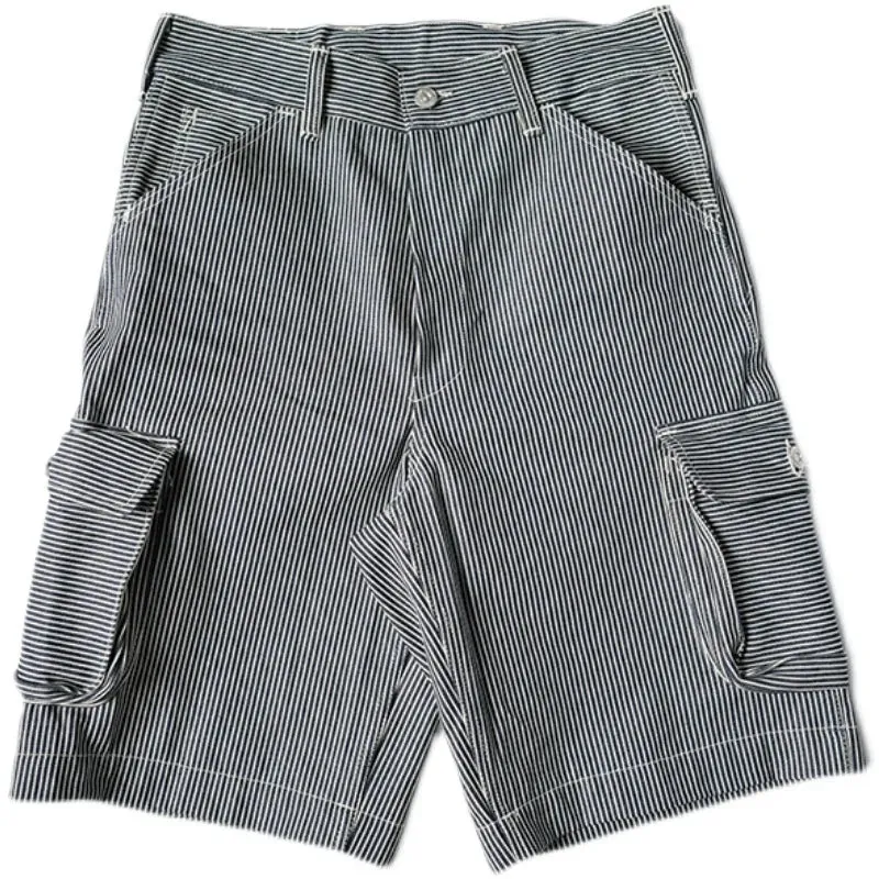 Hickory Stripe Cargo Shorts - Blue & White Denim Workwear Pant